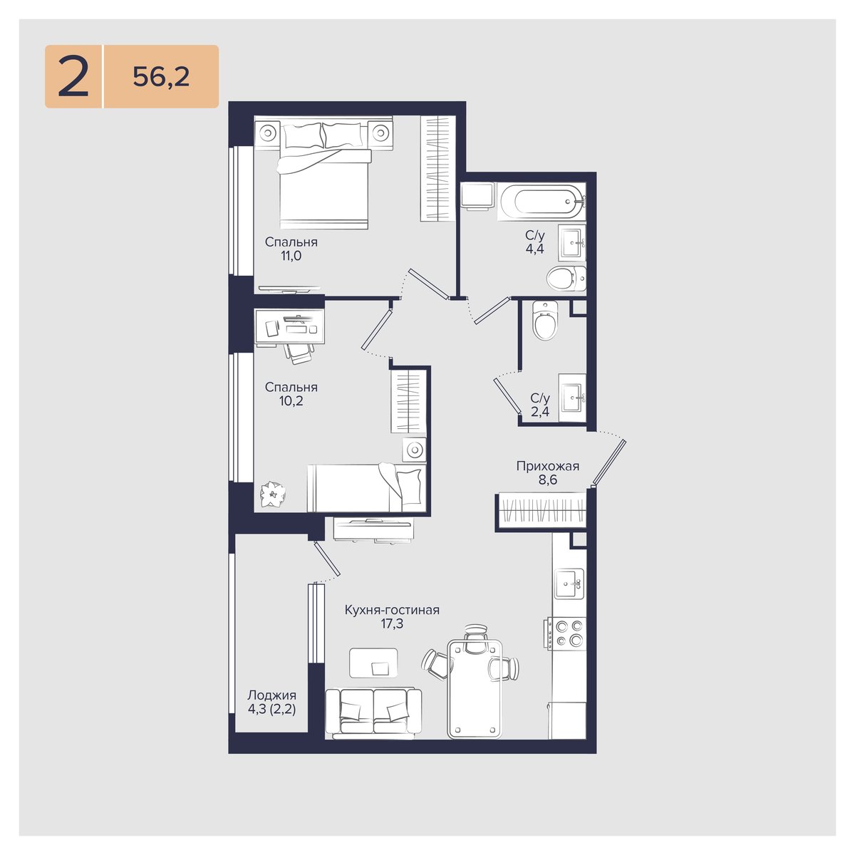 Планировка 2-комнатная 56,2 м²