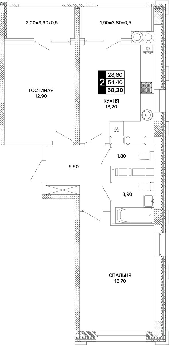 Планировка 2-комнатная 58,3 м²