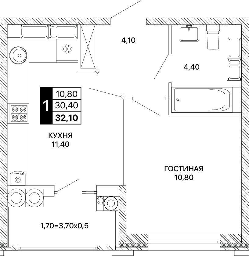 Планировка 1-комнатная 32,1 м²