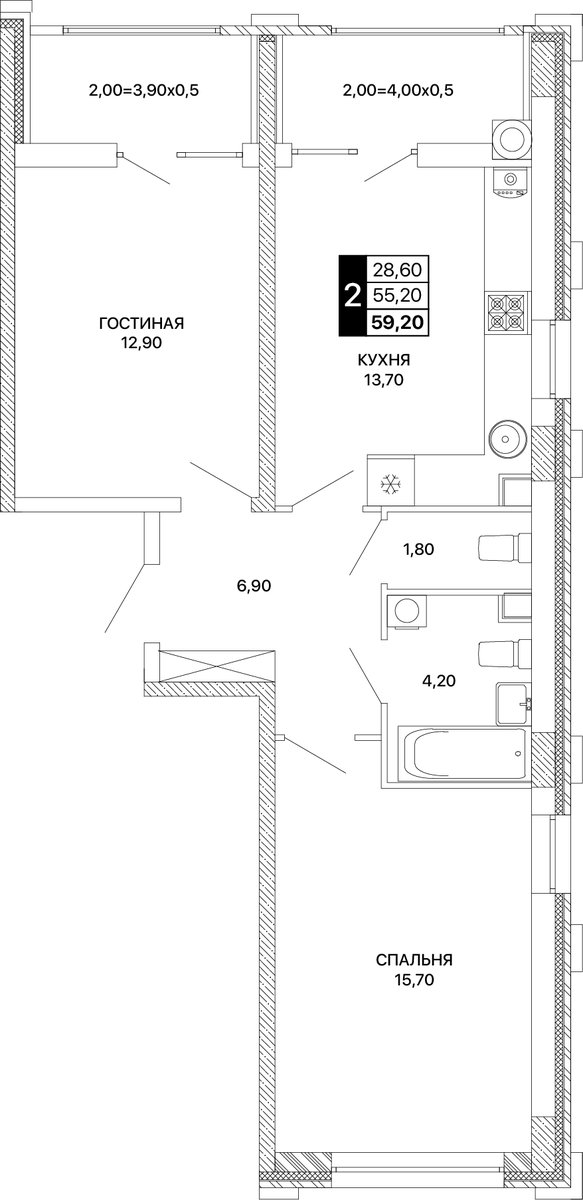 Планировка 2-комнатная 59,2 м²