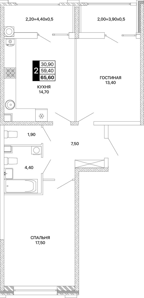 Планировка 2-комнатная 65,6 м²