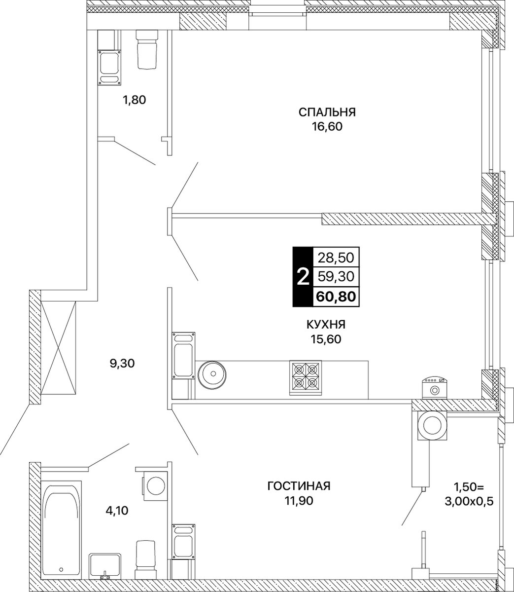 Планировка 2-комнатная 60,8 м²