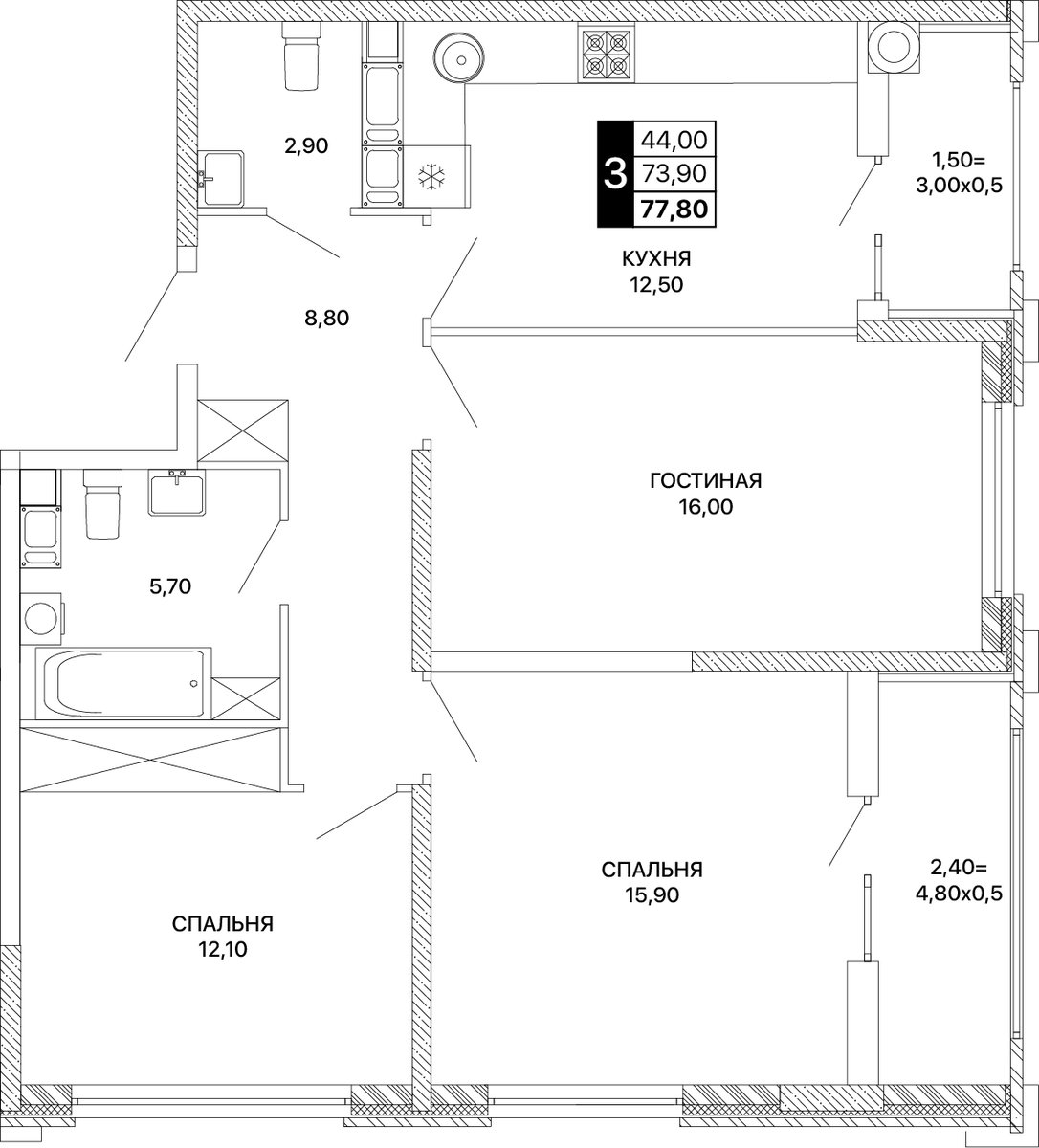 Планировка 3-комнатная 77,8 м²