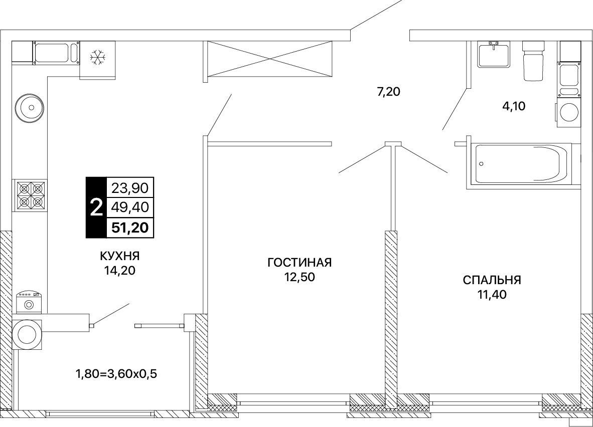 Планировка 2-комнатная 51,2 м²
