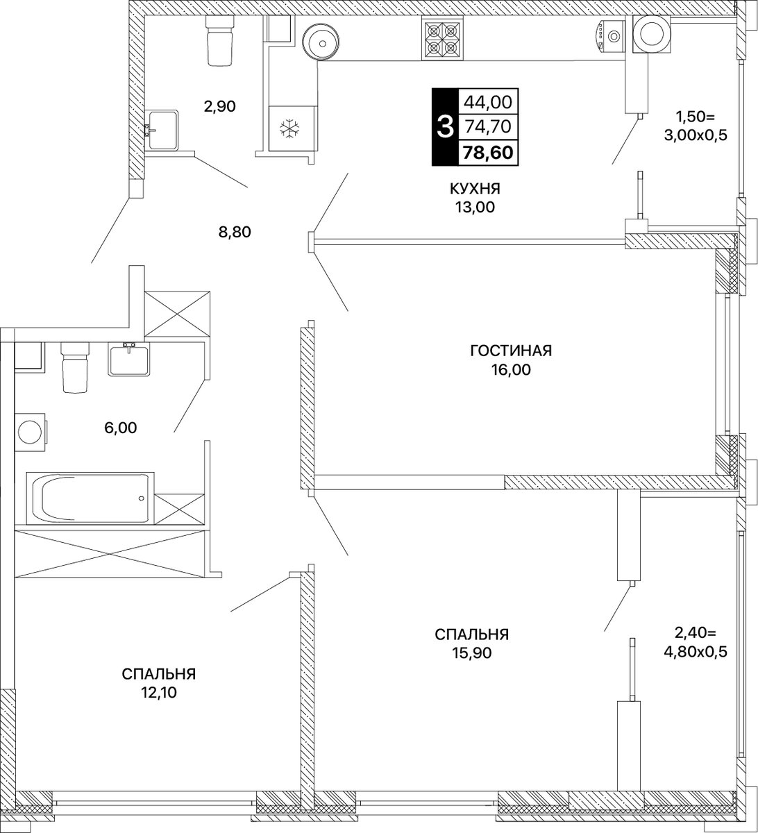 Планировка 3-комнатная 78,6 м²