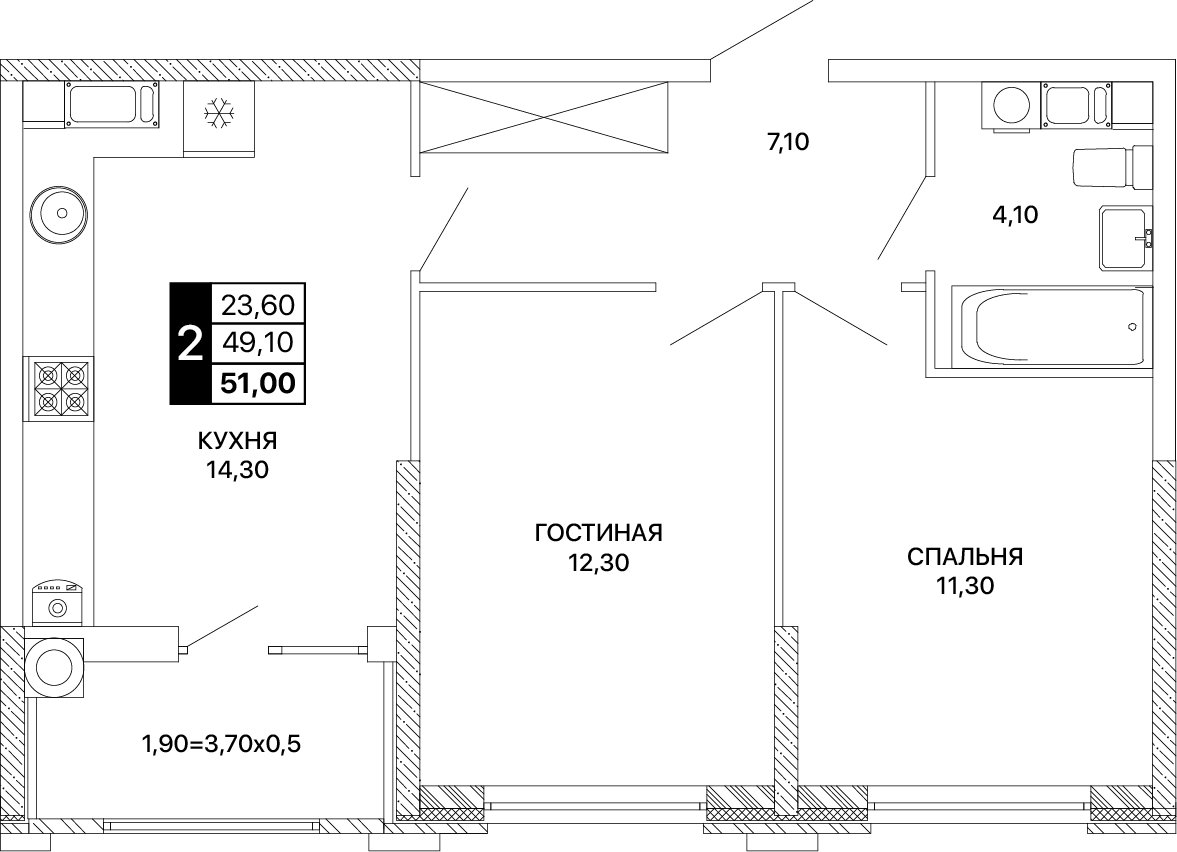 Планировка 2-комнатная 51 м²