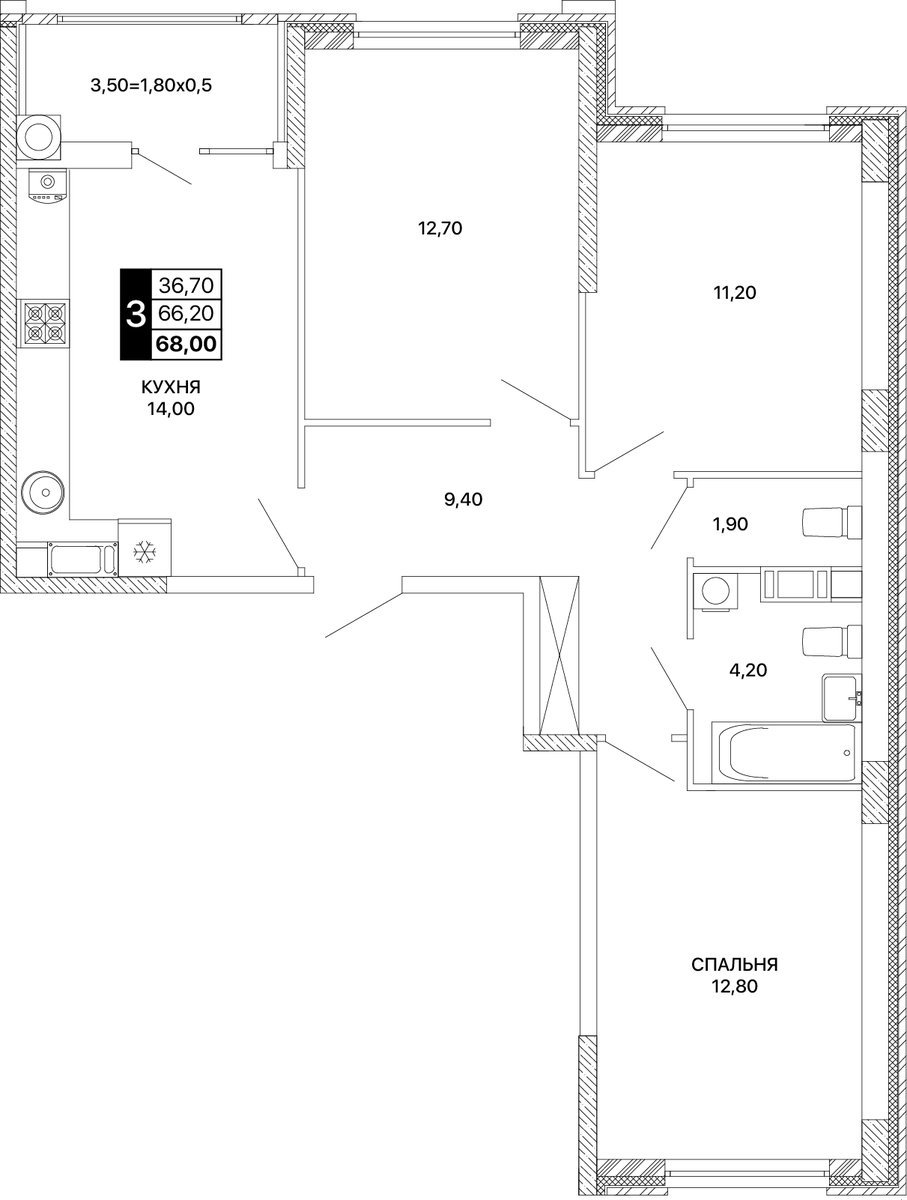 Планировка 3-комнатная 68 м²
