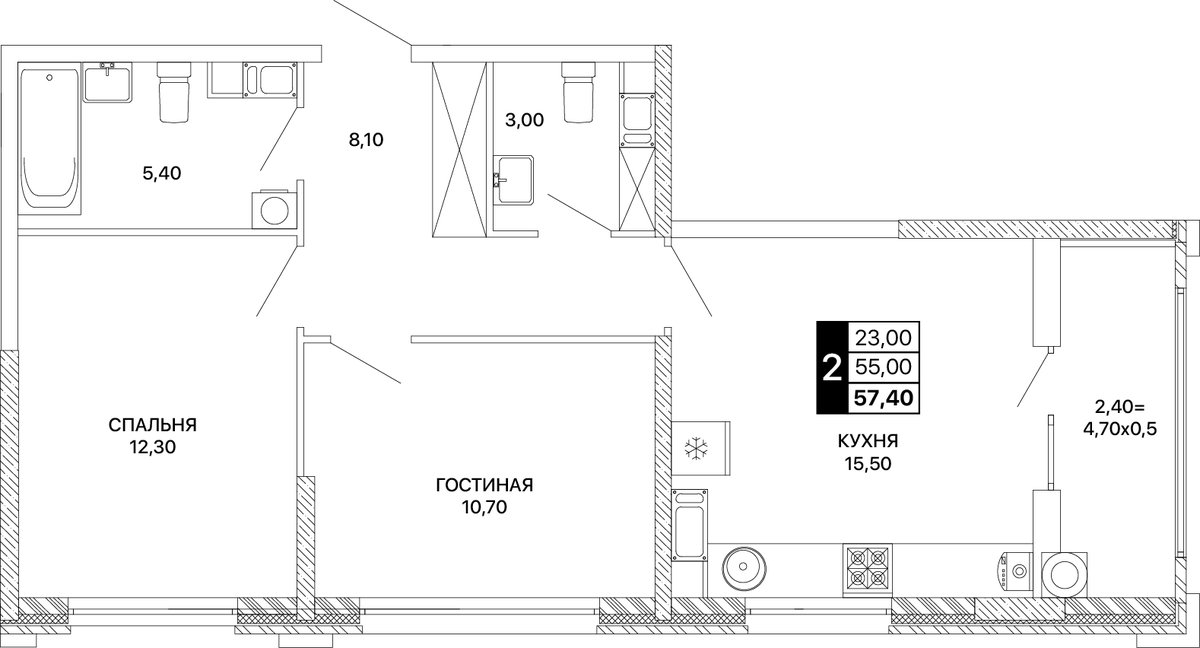 Планировка 2-комнатная 57,4 м²