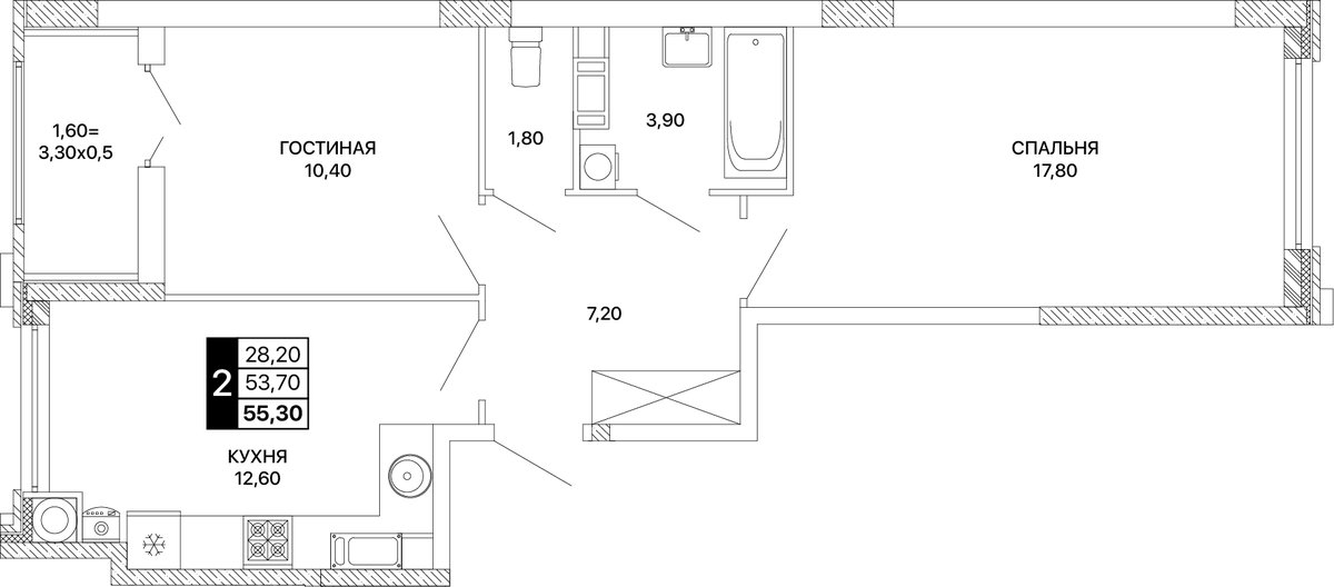 Планировка 2-комнатная 55,3 м²