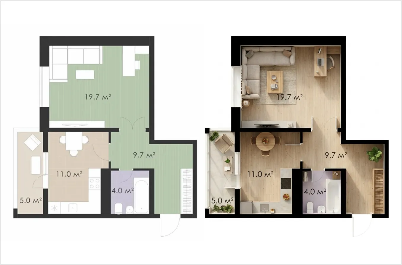 Планировка 1-комнатная 49,4 м²