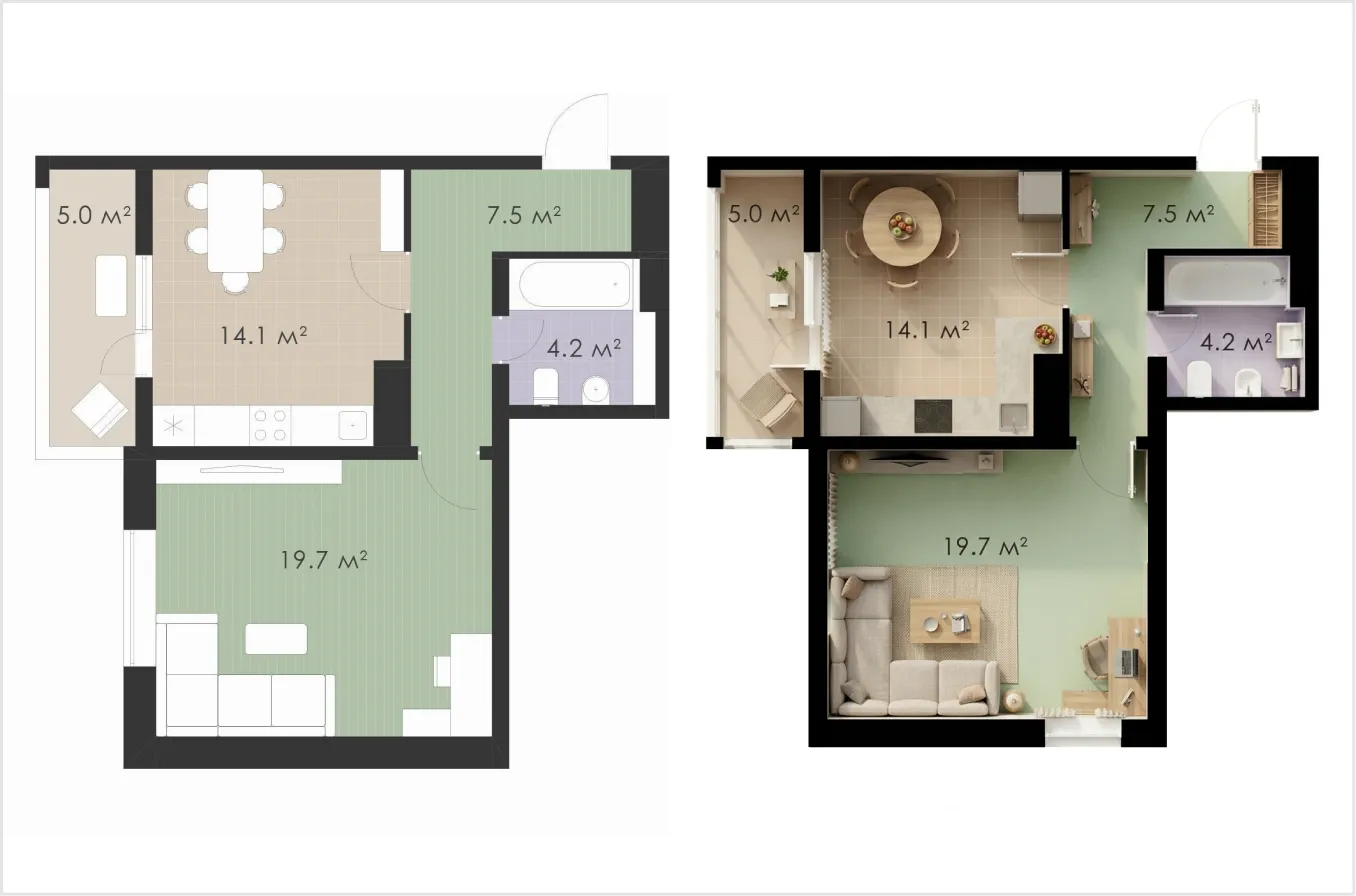 Планировка 1-комнатная 50,5 м²