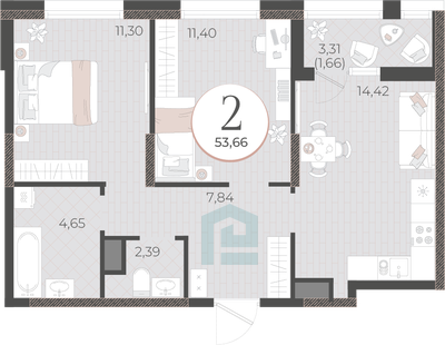 Планировка: 2-комн. квартира 53,7 м²