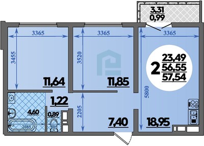 Планировка: 2-комн. квартира 57,5 м²